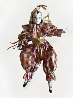 Vintage 1980s Porcelain Harlequin Jester Doll Gold Pink Checkered Mardi Gras